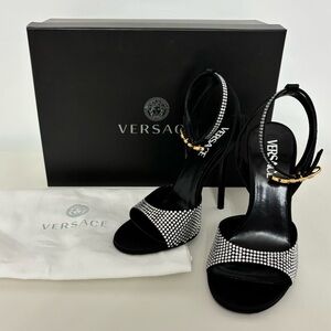 Versace Safety Pin Satin Crystal Embellished High Heel Sandal